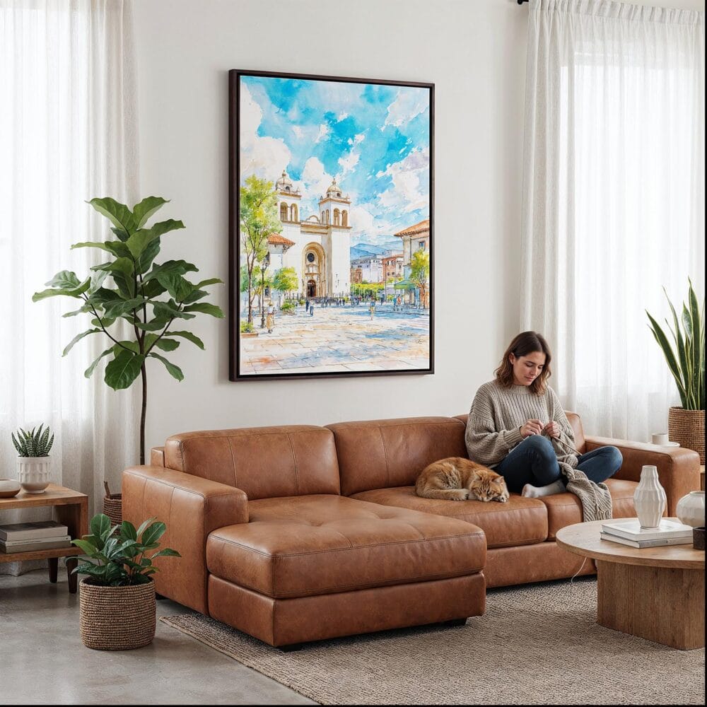 04 - Framed San Salvador Watercolor Canvas Print - Woman Knitting on leather couch - Vertical.jpg 04 - Framed San Salvador Watercolor Canvas Print - Woman Knitting on leather couch - Vertical.jpg