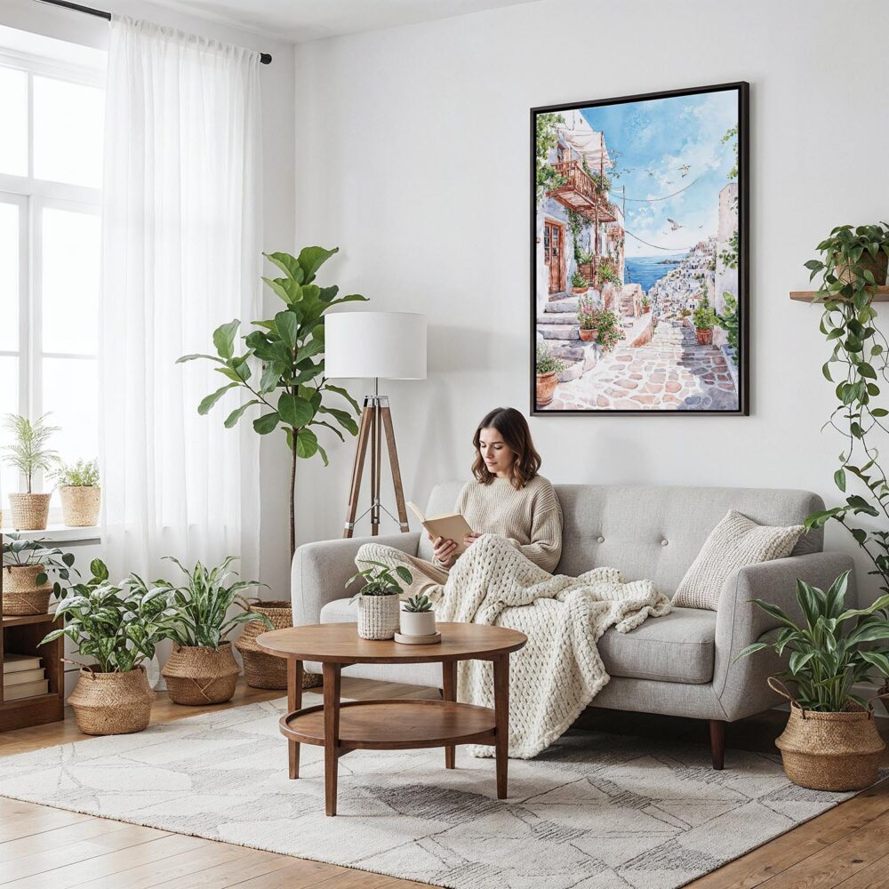 04 - Framed Santorini - Watercolor Canvas Print - Woman reading on couch - Vertical.jpg 04 - Framed Santorini - Watercolor Canvas Print - Woman reading on couch - Vertical.jpg