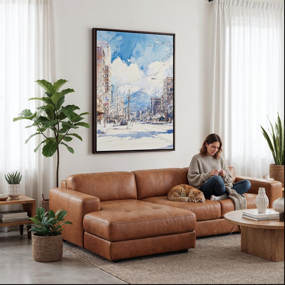 04 - Framed Sapporo Japan Watercolor Canvas Print - Woman Knitting on leather couch - Vertical.jpg 04 - Framed Sapporo Japan Watercolor Canvas Print - Woman Knitting on leather couch - Vertical.jpg