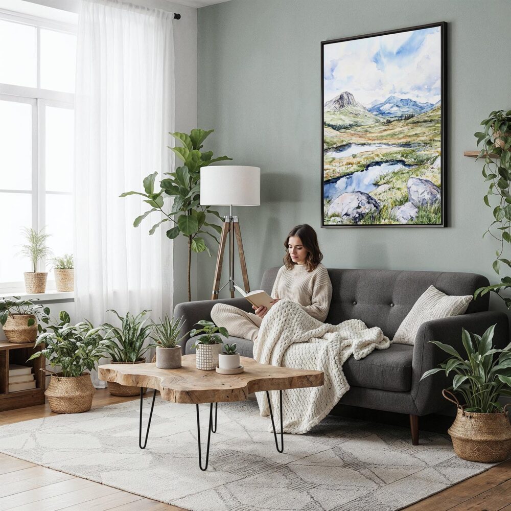 04 - Framed Scottish Highlands Watercolor Canvas Print - Woman reading in Boho Living Room - Vertical.jpg 04 - Framed Scottish Highlands Watercolor Canvas Print - Woman reading in Boho Living Room - Vertical.jpg