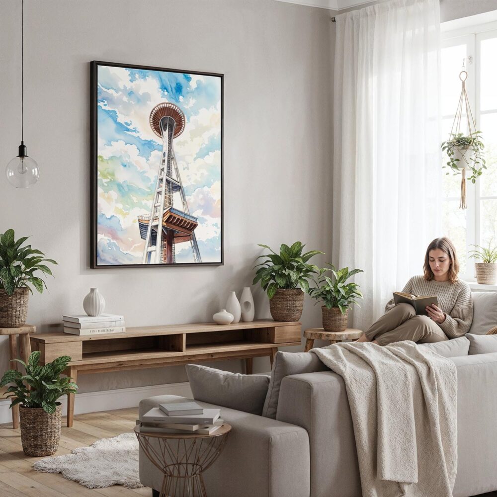 04 - Framed Seattle Space Needle Watercolor Canvas Print - Woman reading in modern Living Room - Vertical.jpg 04 - Framed Seattle Space Needle Watercolor Canvas Print - Woman reading in modern Living Room - Vertical.jpg
