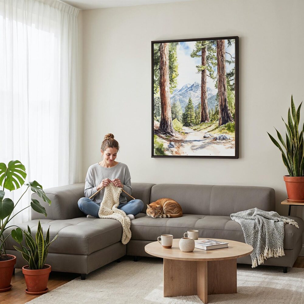 04 - Framed Sequoia National Park Watercolor Canvas Print - Woman Knitting on grey couch - Vertical.jpg 04 - Framed Sequoia National Park Watercolor Canvas Print - Woman Knitting on grey couch - Vertical.jpg
