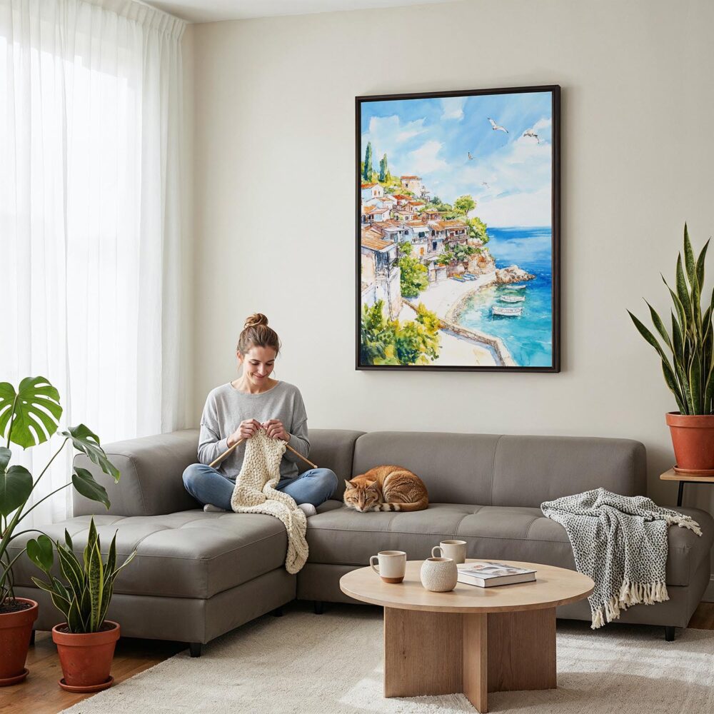04 - Framed Sicily Italy Watercolor Canvas Print - Woman Knitting on grey couch - Vertical.jpg 04 - Framed Sicily Italy Watercolor Canvas Print - Woman Knitting on grey couch - Vertical.jpg