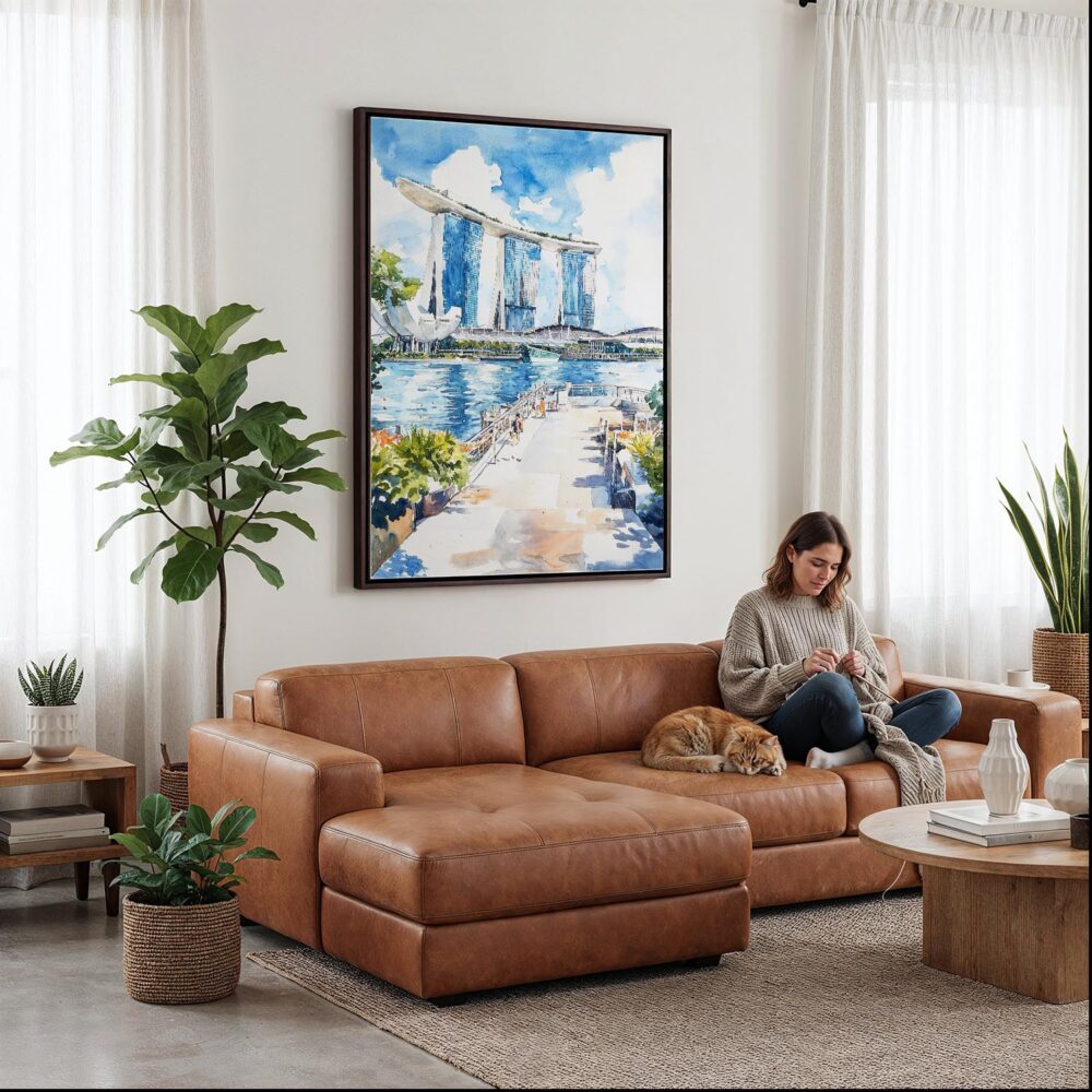 04 - Framed Singapore Watercolor Canvas Print - Woman Knitting on leather couch - Vertical.jpg 04 - Framed Singapore Watercolor Canvas Print - Woman Knitting on leather couch - Vertical.jpg