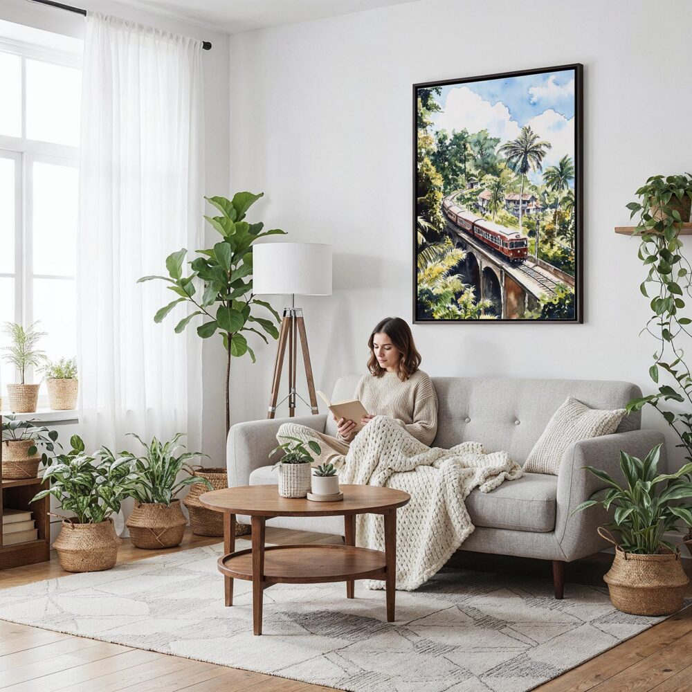 04 - Framed Sri Lanka Train Watercolor Canvas Print - Woman reading on couch - Vertical.jpg 04 - Framed Sri Lanka Train Watercolor Canvas Print - Woman reading on couch - Vertical.jpg