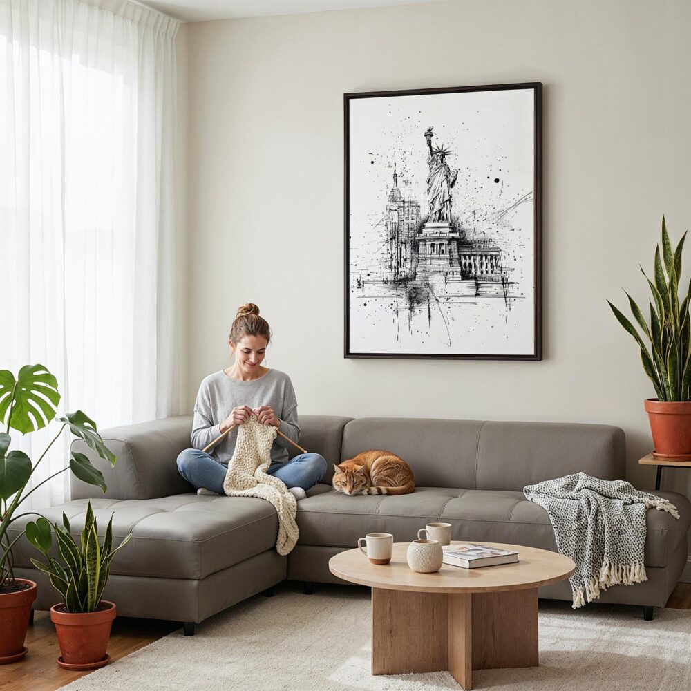 04 - Framed Statue of liberty - Pencil Drawing Canvas Print - Woman Knitting on grey couch - Vertical.jpg 04 - Framed Statue of liberty - Pencil Drawing Canvas Print - Woman Knitting on grey couch - Vertical.jpg