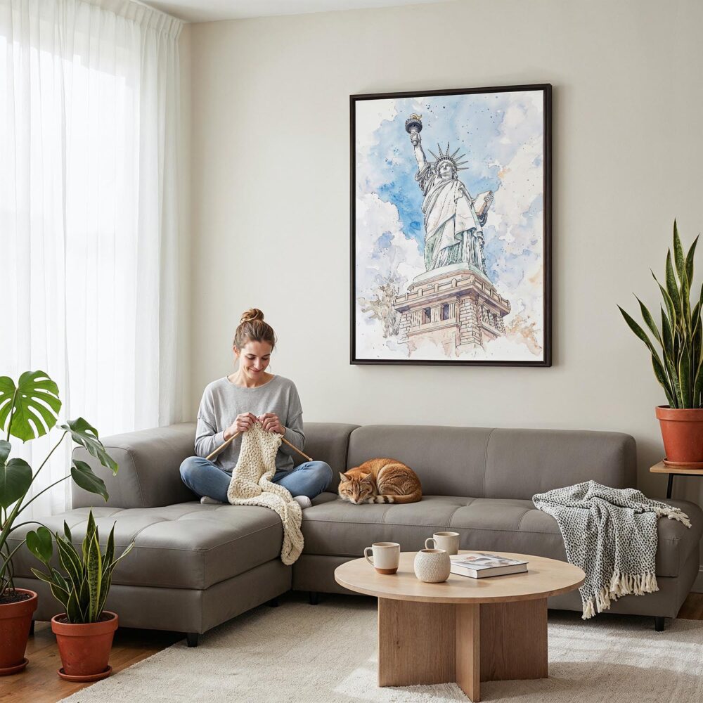 04 - Framed Statue of liberty - Watercolor Canvas Print - Woman Knitting on grey couch - Vertical.jpg 04 - Framed Statue of liberty - Watercolor Canvas Print - Woman Knitting on grey couch - Vertical.jpg