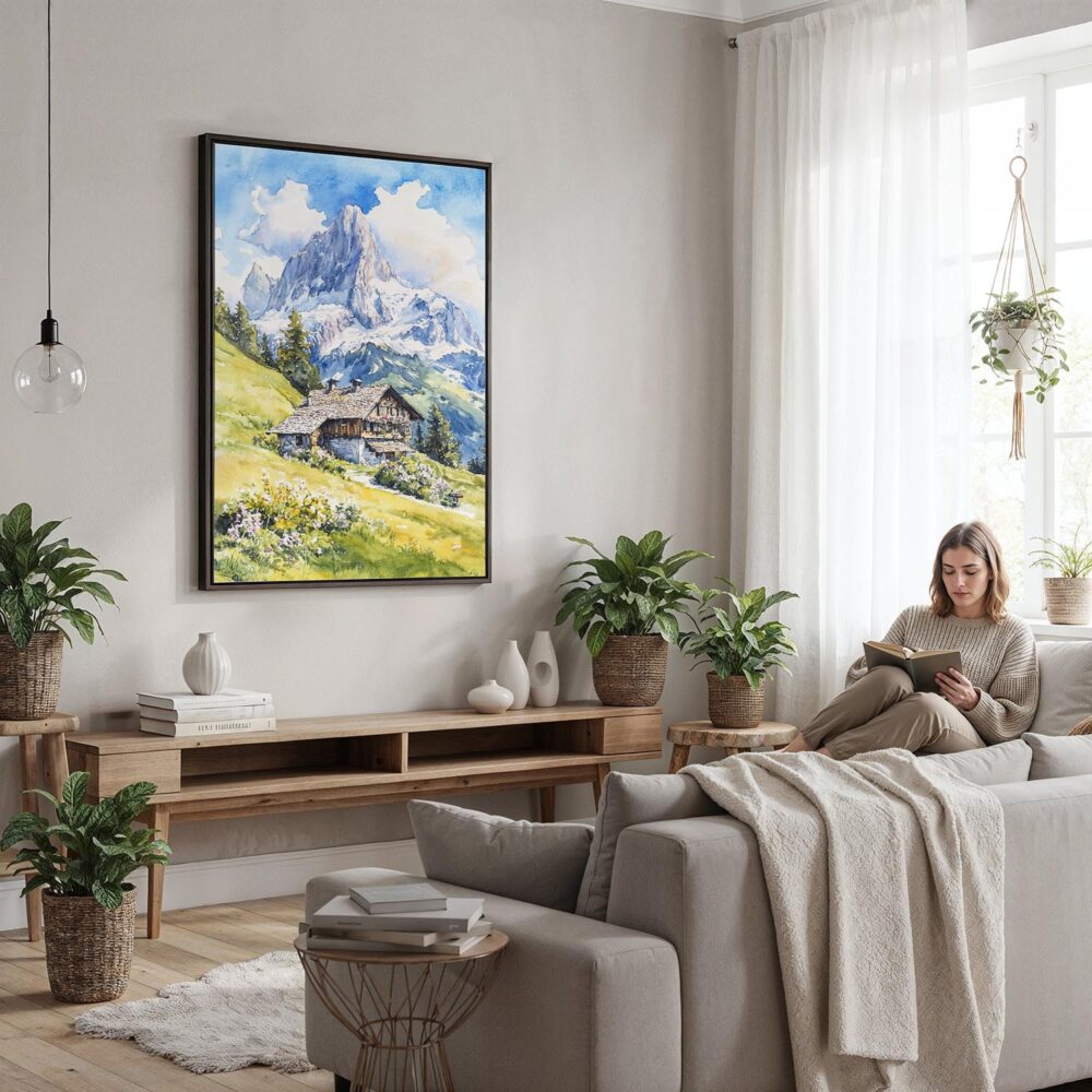 04 - Framed Swiss Alps Watercolor Canvas Print - Woman reading in modern Living Room - Vertical.jpg 04 - Framed Swiss Alps Watercolor Canvas Print - Woman reading in modern Living Room - Vertical.jpg