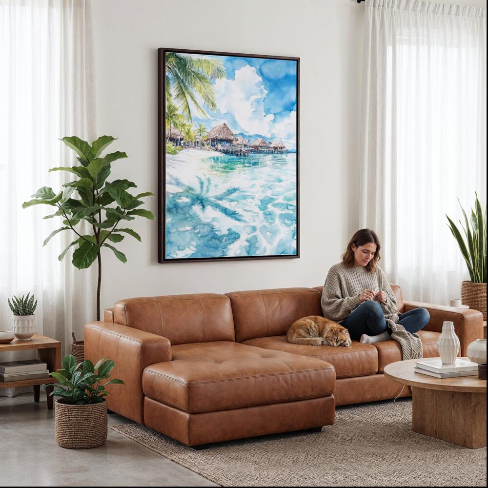 04 - Framed Tahiti Watercolor Canvas Print - Woman Knitting on leather couch - Vertical.jpg 04 - Framed Tahiti Watercolor Canvas Print - Woman Knitting on leather couch - Vertical.jpg