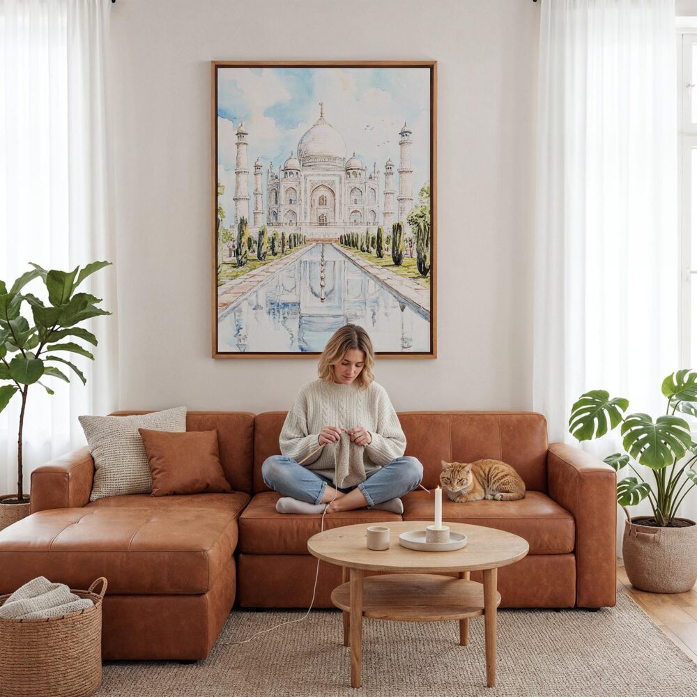 04 - Framed Taj Mahal Watercolor Canvas Print - Woman Knitting - Vertical.jpg 04 - Framed Taj Mahal Watercolor Canvas Print - Woman Knitting - Vertical.jpg