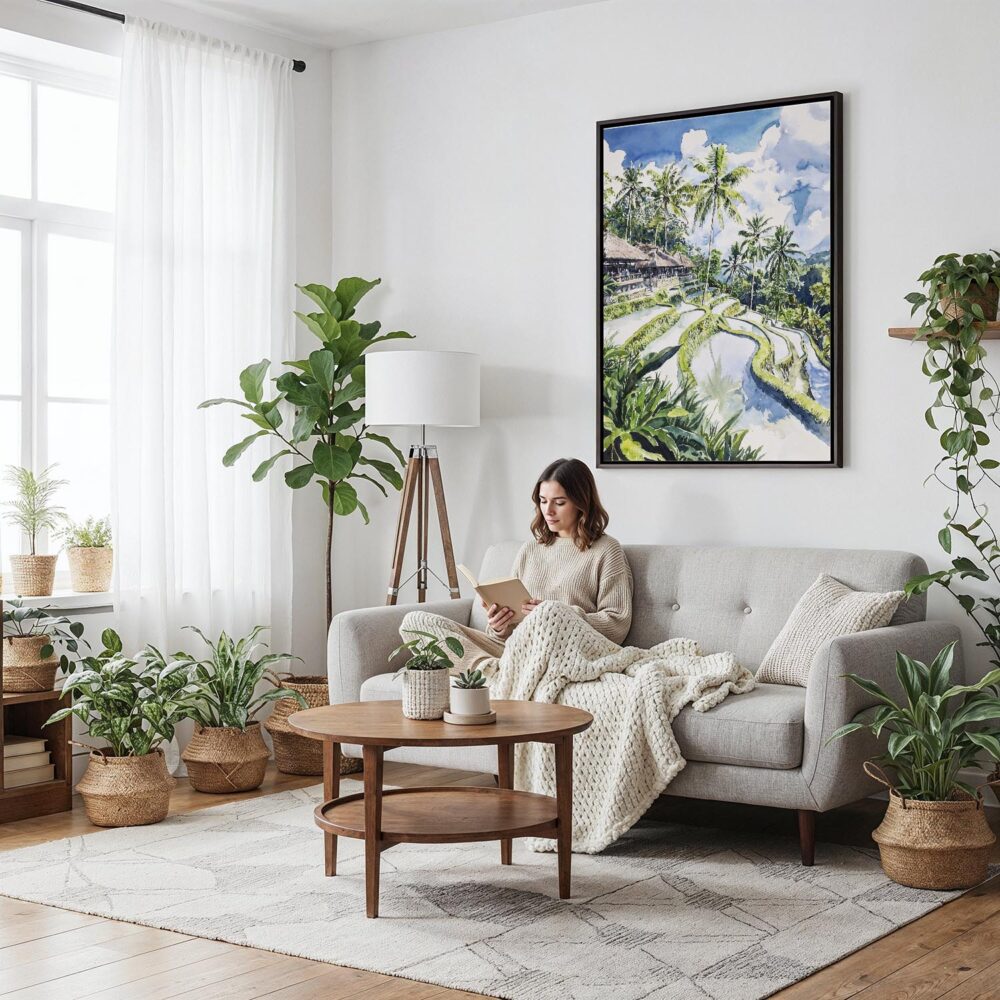 04 - Framed Tegallalang Rice Terrace Ubud Bali Watercolor Canvas Print - Woman reading on couch - Vertical.jpg 04 - Framed Tegallalang Rice Terrace Ubud Bali Watercolor Canvas Print - Woman reading on couch - Vertical.jpg