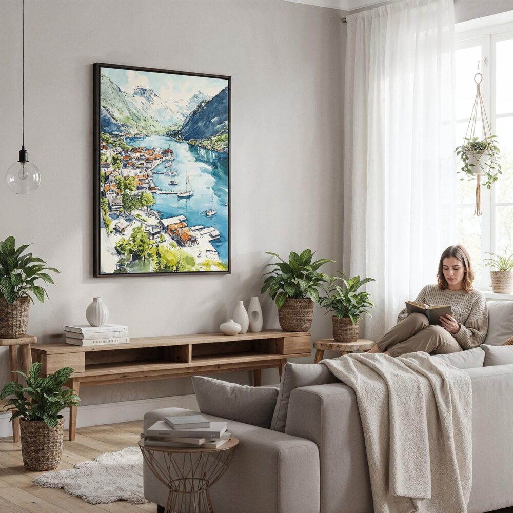 04 - Framed The Fjords Watercolor Canvas Print - Woman reading in modern Living Room - Vertical.jpg 04 - Framed The Fjords Watercolor Canvas Print - Woman reading in modern Living Room - Vertical.jpg