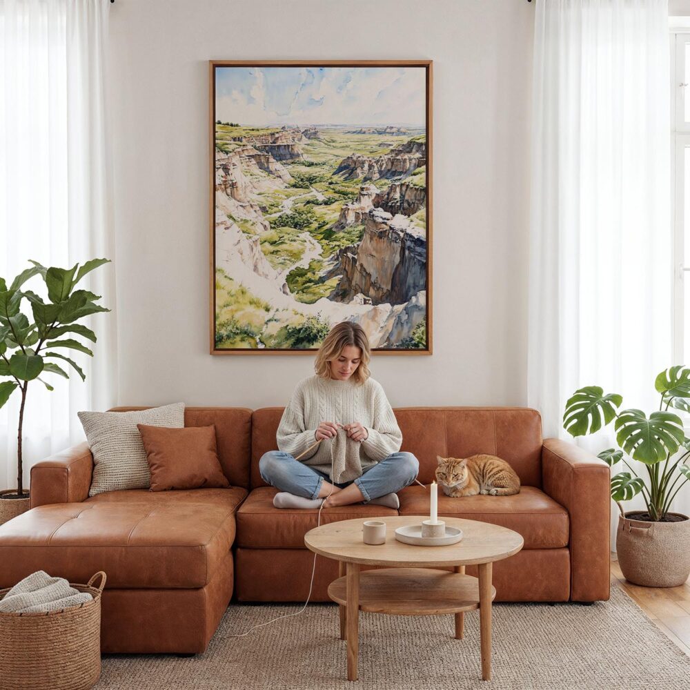 04 - Framed Theodore Roosevelt National Park Watercolor Canvas Print - Woman Knitting - Vertical.jpg 04 - Framed Theodore Roosevelt National Park Watercolor Canvas Print - Woman Knitting - Vertical.jpg