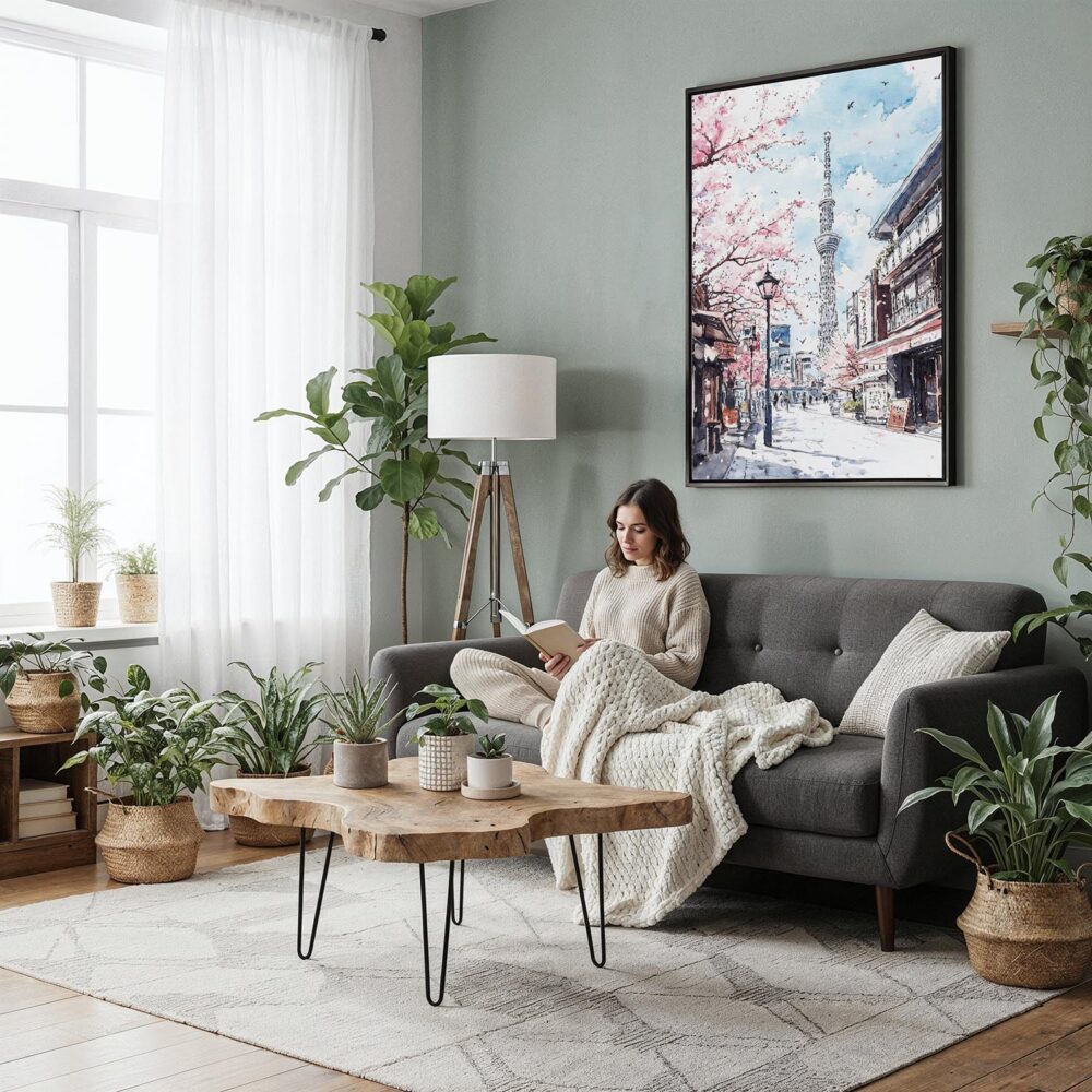 04 - Framed Tokyo Skytree Watercolor Canvas Print - Woman reading in Boho Living Room - Vertical.jpg 04 - Framed Tokyo Skytree Watercolor Canvas Print - Woman reading in Boho Living Room - Vertical.jpg