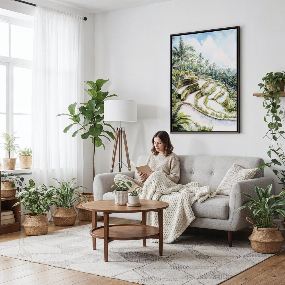 04 - Framed Ubud Bali Watercolor Canvas Print - Woman reading on couch - Vertical.jpg 04 - Framed Ubud Bali Watercolor Canvas Print - Woman reading on couch - Vertical.jpg