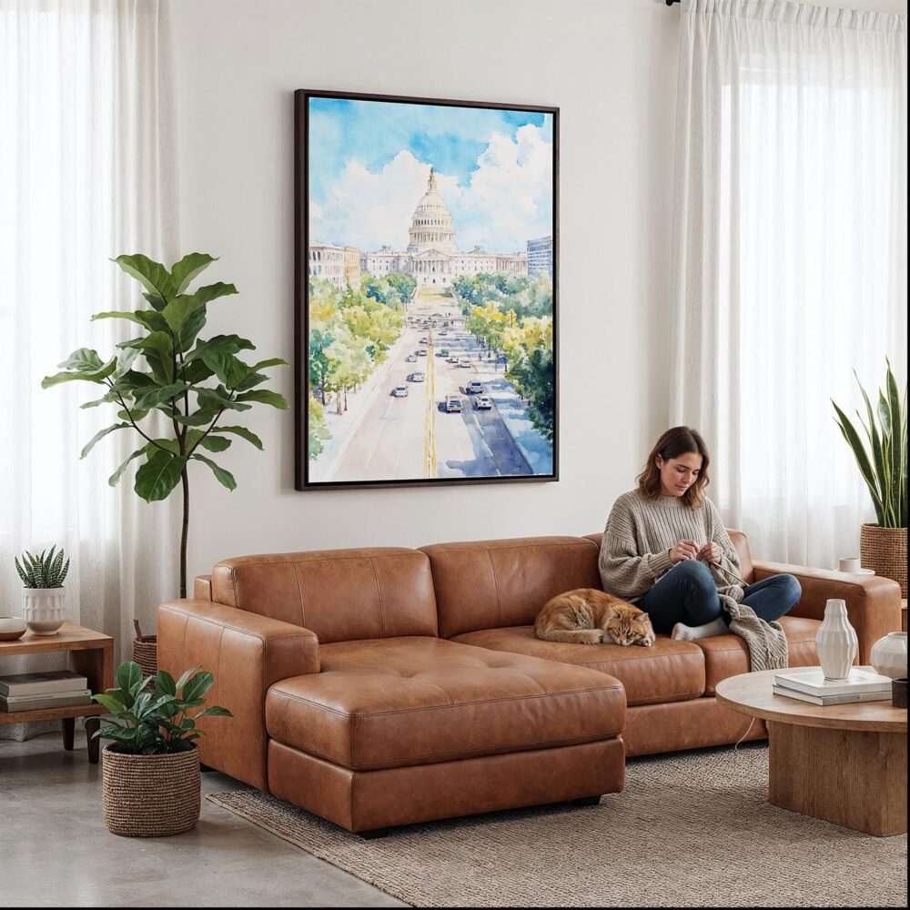 04 - Framed Washington DC Watercolor Canvas Print - Woman Knitting on leather couch - Vertical.jpg 04 - Framed Washington DC Watercolor Canvas Print - Woman Knitting on leather couch - Vertical.jpg