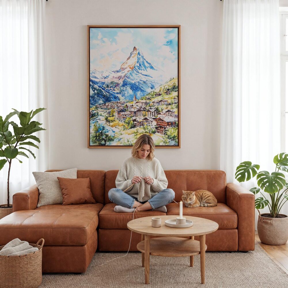 04 - Framed Zermatt Watercolor Canvas Print - Woman Knitting - Vertical.jpg 04 - Framed Zermatt Watercolor Canvas Print - Woman Knitting - Vertical.jpg