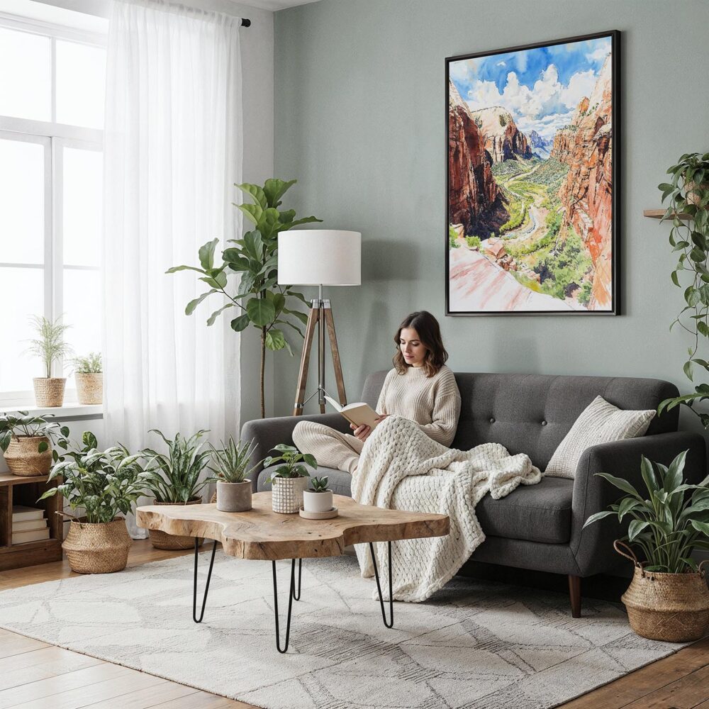 04 - Framed Zion Canyon Watercolor Canvas Print - Woman reading in Boho Living Room - Vertical.jpg 04 - Framed Zion Canyon Watercolor Canvas Print - Woman reading in Boho Living Room - Vertical.jpg