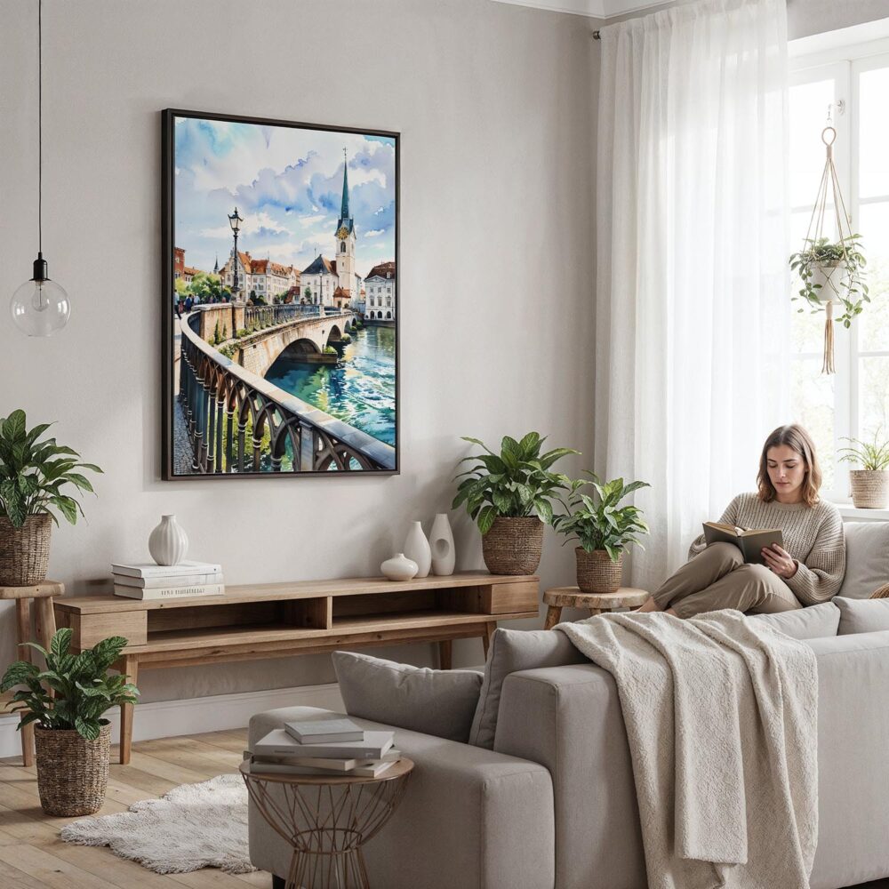 04 - Framed Zurich Switzerland Watercolor Canvas Print - Woman reading in modern Living Room - Vertical.jpg 04 - Framed Zurich Switzerland Watercolor Canvas Print - Woman reading in modern Living Room - Vertical.jpg