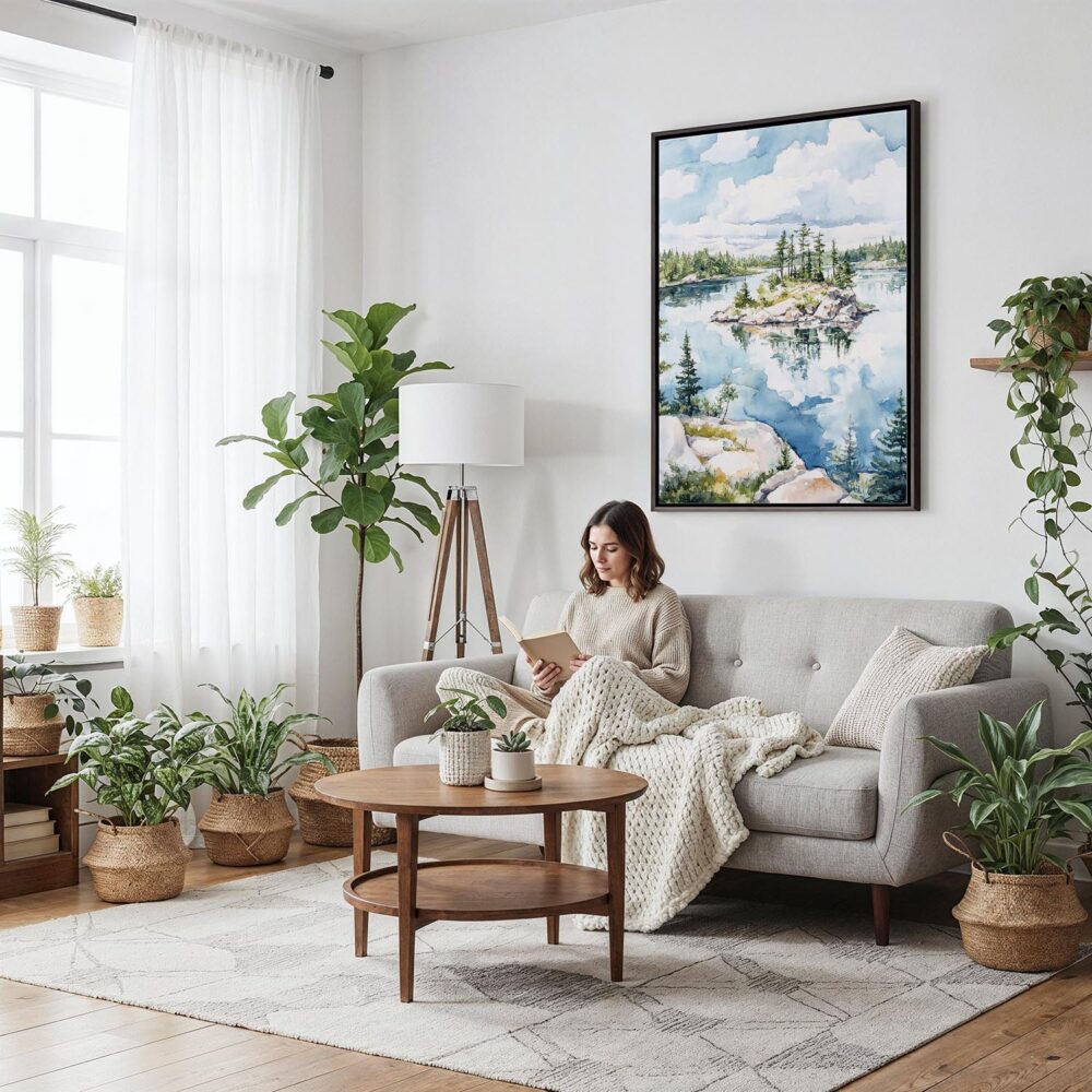 04 - Framed voyageurs national park watercolor Canvas Print - Woman reading on couch - Vertical.jpg 04 - Framed voyageurs national park watercolor Canvas Print - Woman reading on couch - Vertical.jpg