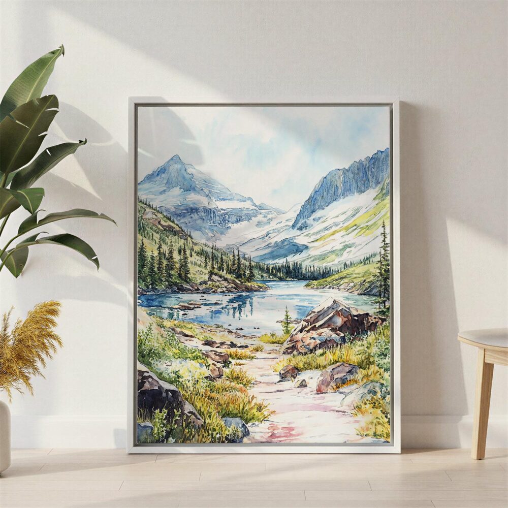 04 - Glacier National Park Watercolor Canvas Print with White Floater Frame - Standing on Floor - Vertical.jpg 04 - Glacier National Park Watercolor Canvas Print with White Floater Frame - Standing on Floor - Vertical.jpg