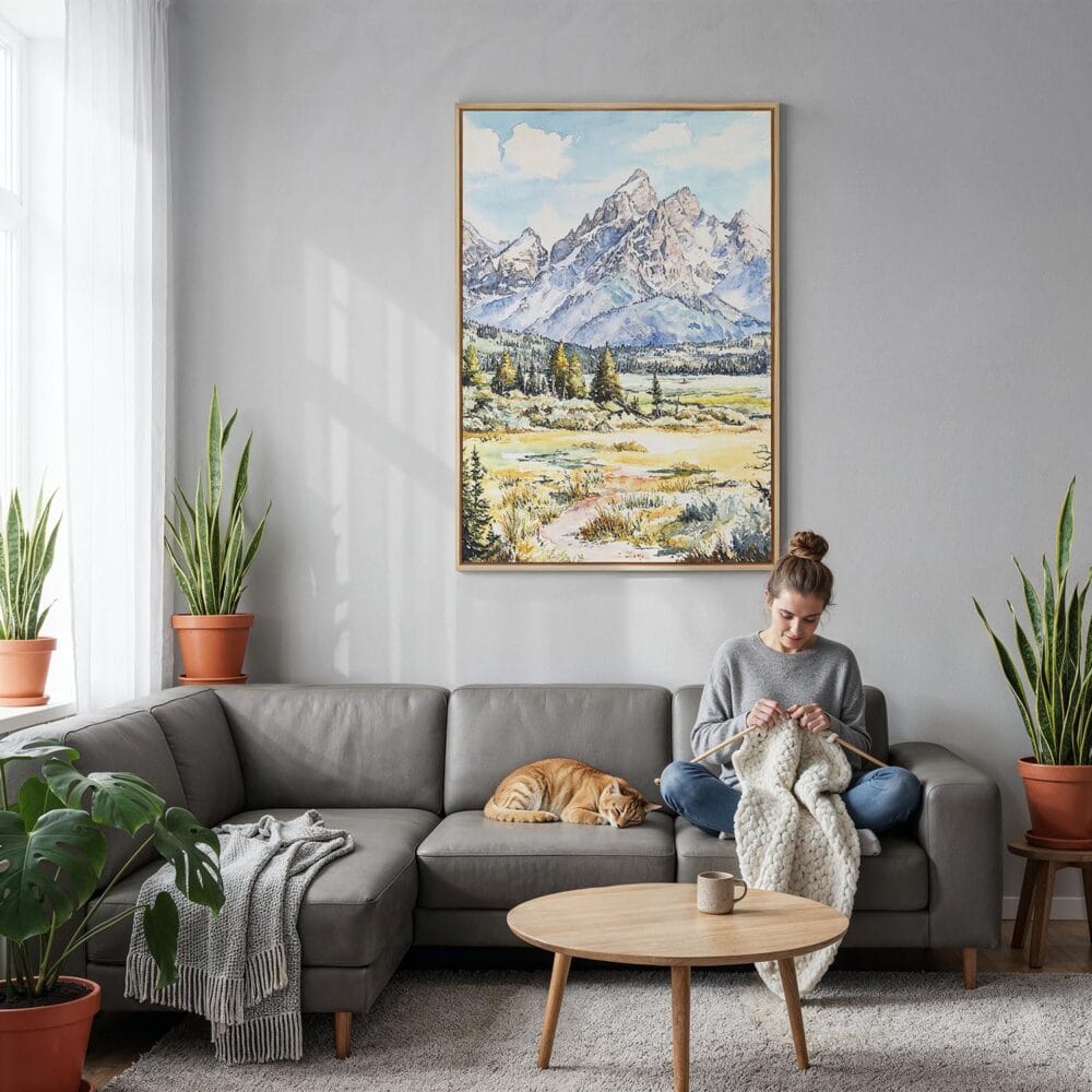 04 - Grand Teton Watercolor Canvas Print with Natural Floater Frame - Woman Knitting on grey couch - Vertical.jpg 04 - Grand Teton Watercolor Canvas Print with Natural Floater Frame - Woman Knitting on grey couch - Vertical.jpg