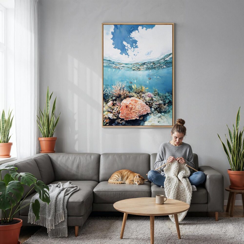 04 - Great Barrier Reef Watercolor Canvas Print with Natural Floater Frame - Woman Knitting on grey couch - Vertical.jpg 04 - Great Barrier Reef Watercolor Canvas Print with Natural Floater Frame - Woman Knitting on grey couch - Vertical.jpg