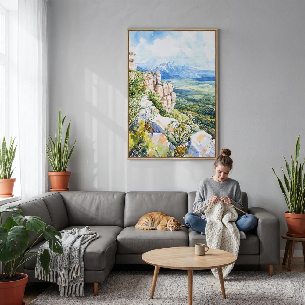 04 - Great Basin Watercolor Canvas Print with Natural Floater Frame - Woman Knitting on grey couch - Vertical.jpg 04 - Great Basin Watercolor Canvas Print with Natural Floater Frame - Woman Knitting on grey couch - Vertical.jpg