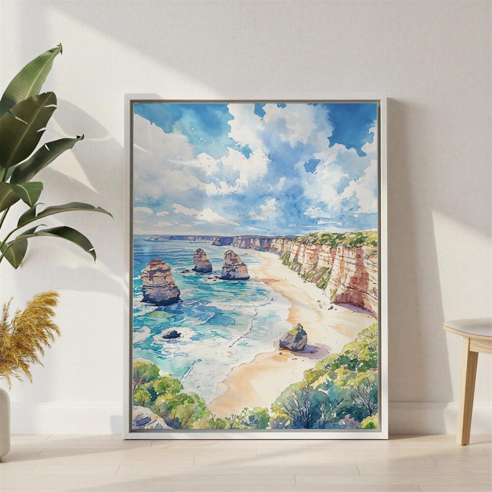 04 - Great Ocean Road Australia Watercolor Canvas Print with White Floater Frame - Standing on Floor - Vertical.jpg 04 - Great Ocean Road Australia Watercolor Canvas Print with White Floater Frame - Standing on Floor - Vertical.jpg