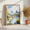 04 - Guilin China Watercolor Canvas Print with Natural Floater Frame - Standing on Floor - Vertical.jpg