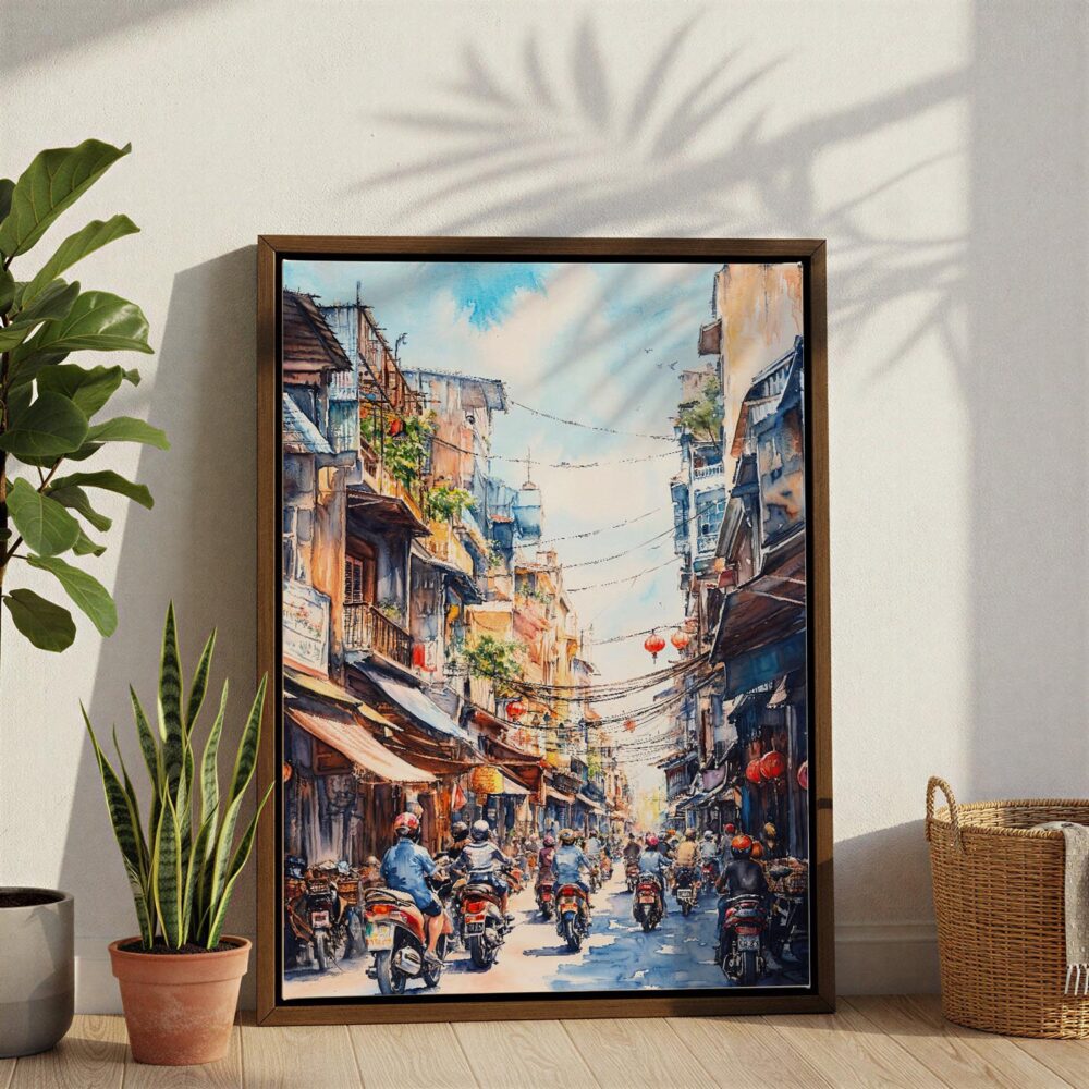 04 - Hanoi Old Quarter Watercolor Canvas Print with Brown Floater Frame - Standing on Floor - Vertical.jpg 04 - Hanoi Old Quarter Watercolor Canvas Print with Brown Floater Frame - Standing on Floor - Vertical.jpg