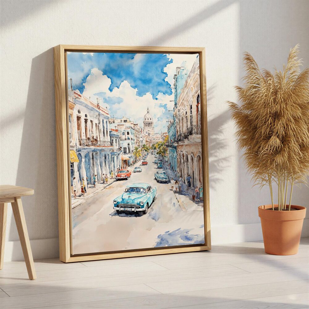 04 - Havana Cuba Watercolor Canvas Print with Natural Floater Frame - Standing on Floor - Vertical.jpg 04 - Havana Cuba Watercolor Canvas Print with Natural Floater Frame - Standing on Floor - Vertical.jpg