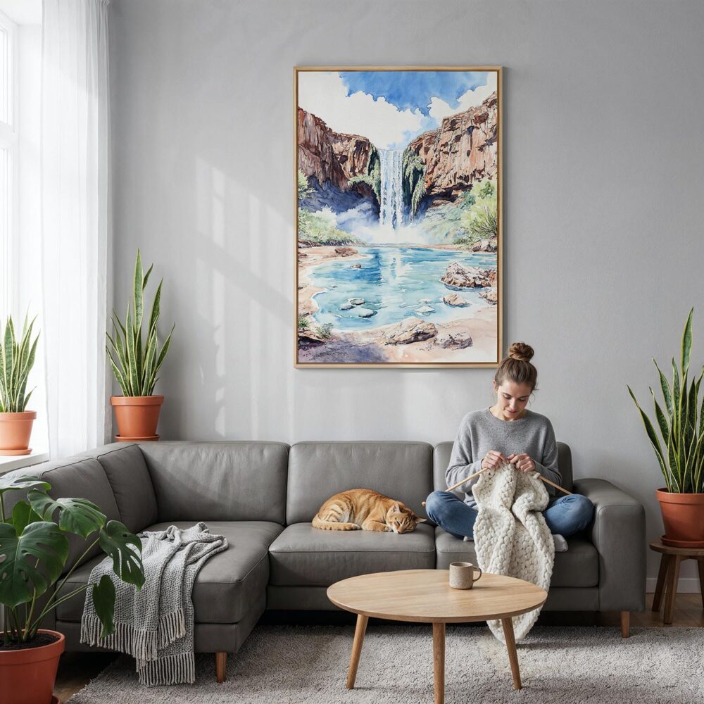 04 - Havasu Falls Watercolor Canvas Print with Natural Floater Frame - Woman Knitting on grey couch - Vertical.jpg 04 - Havasu Falls Watercolor Canvas Print with Natural Floater Frame - Woman Knitting on grey couch - Vertical.jpg