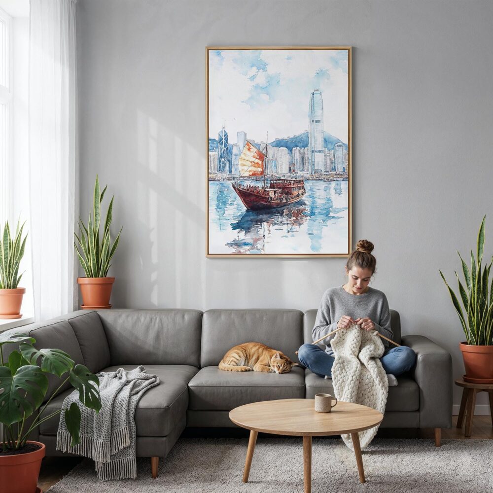 04 - Hong Kong Watercolor Canvas Print with Natural Floater Frame - Woman Knitting on grey couch - Vertical.jpg 04 - Hong Kong Watercolor Canvas Print with Natural Floater Frame - Woman Knitting on grey couch - Vertical.jpg