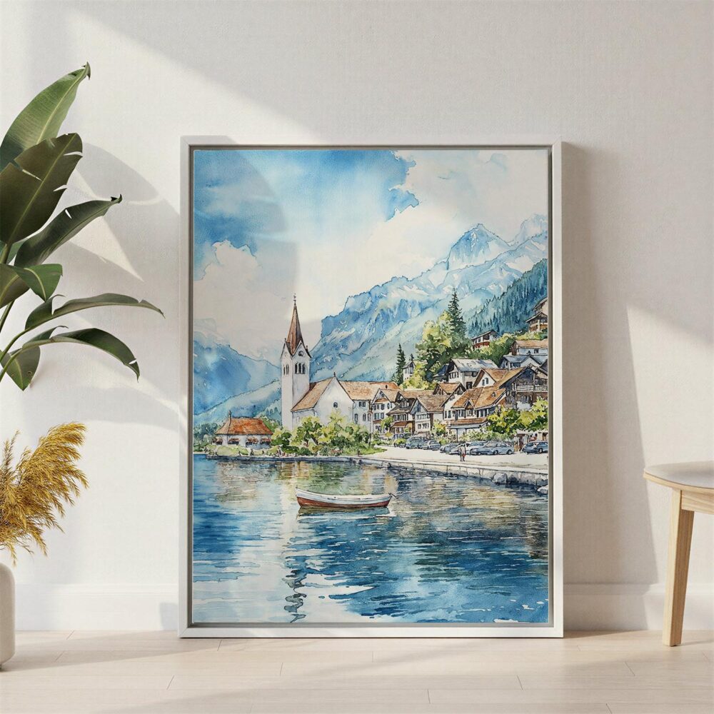 04 - Interlaken Watercolor Canvas Print with White Floater Frame - Standing on Floor - Vertical.jpg 04 - Interlaken Watercolor Canvas Print with White Floater Frame - Standing on Floor - Vertical.jpg