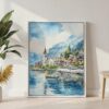04 - Interlaken Watercolor Canvas Print with White Floater Frame - Standing on Floor - Vertical.jpg