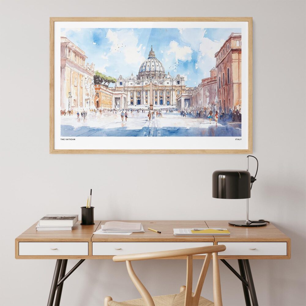 04 - Italy Vatican Watercolor - Horizontal Art Print in Natural Wood Frame above work desk.jpg 04 - Italy Vatican Watercolor - Horizontal Art Print in Natural Wood Frame above work desk.jpg