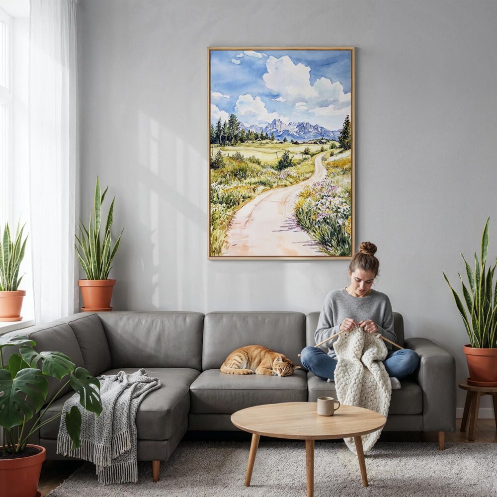 04 - Jackson Hole watercolor Canvas Print with Natural Floater Frame - Woman Knitting on grey couch - Vertical.jpg 04 - Jackson Hole watercolor Canvas Print with Natural Floater Frame - Woman Knitting on grey couch - Vertical.jpg