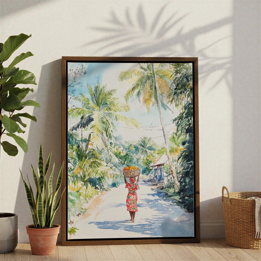 04 - Jamaica Watercolor Canvas Print with Brown Floater Frame - Standing on Floor - Vertical.jpg 04 - Jamaica Watercolor Canvas Print with Brown Floater Frame - Standing on Floor - Vertical.jpg