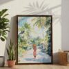 04 - Jamaica Watercolor Canvas Print with Brown Floater Frame - Standing on Floor - Vertical.jpg