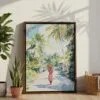 04 - Jamaica Watercolor Canvas Print with Brown Floater Frame - Standing on Floor - Vertical.jpg
