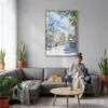 04 - Key West Florida - Watercolor Canvas Print with Natural Floater Frame - Woman Knitting on grey couch - Vertical.jpg