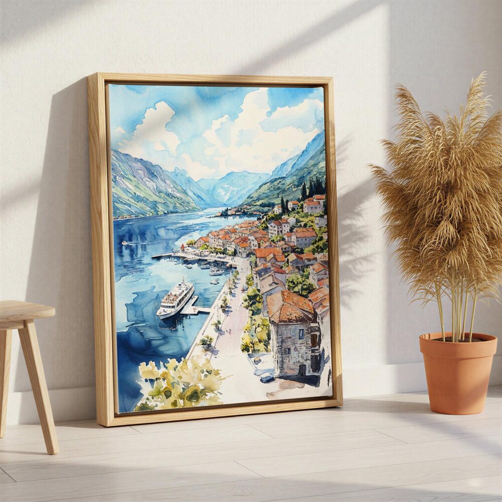 04 - Kontor Montenegro Watercolor Canvas Print with Natural Floater Frame - Standing on Floor - Vertical.jpg 04 - Kontor Montenegro Watercolor Canvas Print with Natural Floater Frame - Standing on Floor - Vertical.jpg