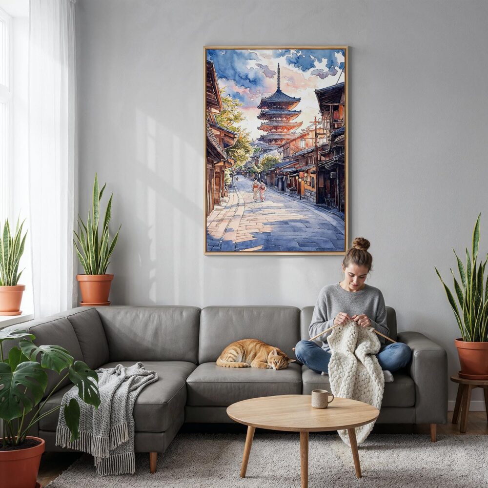 04 - Kyoto Japan - Pagoda - Sunset - Watercolor 2 Canvas Print with Natural Floater Frame - Woman Knitting on grey couch - Vertical.jpg 04 - Kyoto Japan - Pagoda - Sunset - Watercolor 2 Canvas Print with Natural Floater Frame - Woman Knitting on grey couch - Vertical.jpg