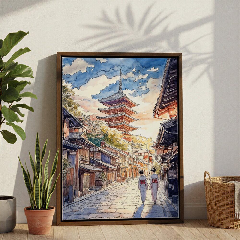 04 - Kyoto Pagoda - Watercolor 1 Canvas Print with Brown Floater Frame - Standing on Floor - Vertical.jpg 04 - Kyoto Pagoda - Watercolor 1 Canvas Print with Brown Floater Frame - Standing on Floor - Vertical.jpg
