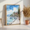 04 - Lake Garda Italy Watercolor Canvas Print with Natural Floater Frame - Standing on Floor - Vertical.jpg