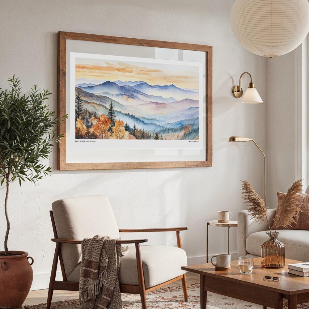 04 - Large Blue Ridge Mountains Watercolor - Horizontal Art Print in Boho Living Room with vintage Wood frame.jpg 04 - Large Blue Ridge Mountains Watercolor - Horizontal Art Print in Boho Living Room with vintage Wood frame.jpg