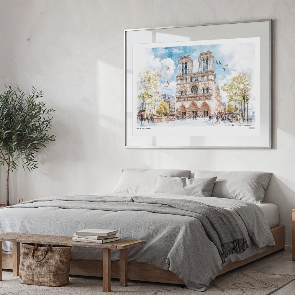 04 - Large Notre Dame Watercolor - Horizontal Art Print in Bedroom with Silver Metal Frame.jpg 04 - Large Notre Dame Watercolor - Horizontal Art Print in Bedroom with Silver Metal Frame.jpg