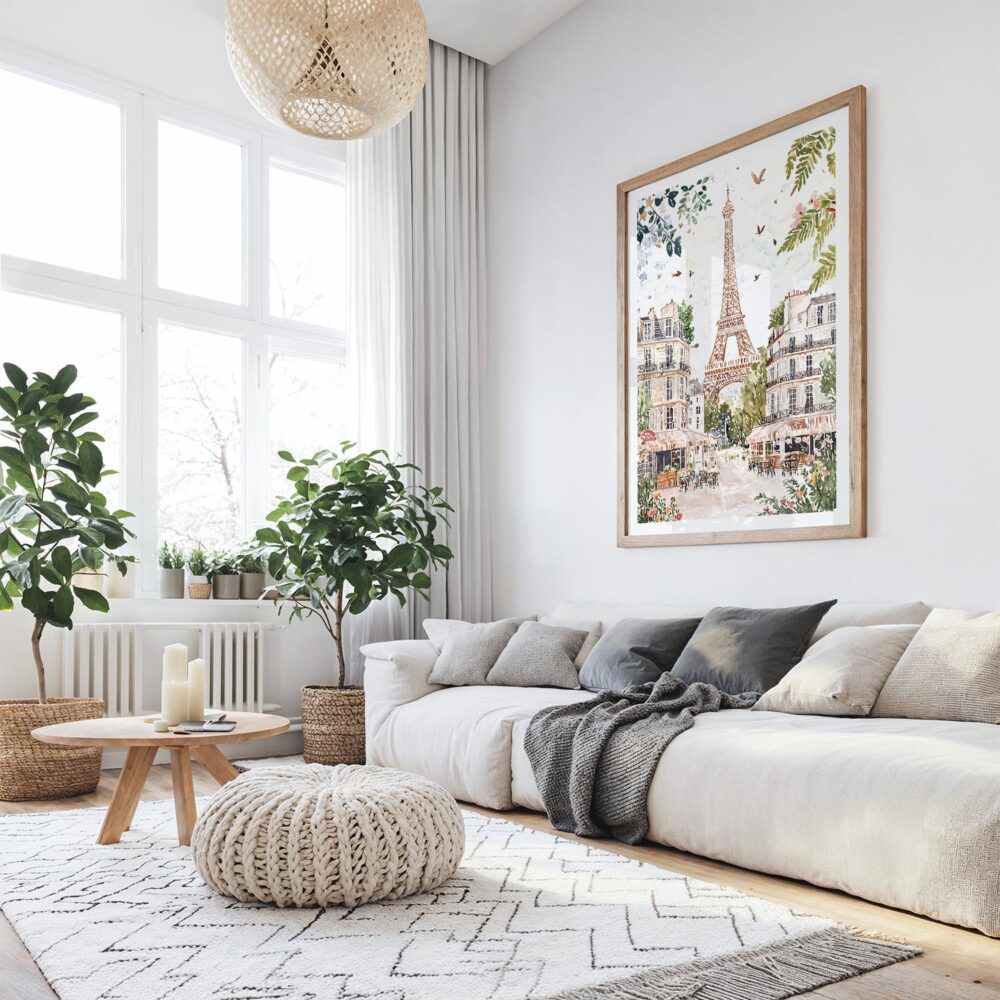 04 - Large Paris Eiffel Tower Soft Watercolor Art Print with Wood Frame in Boho Living Room - Vertical.jpg 04 - Large Paris Eiffel Tower Soft Watercolor Art Print with Wood Frame in Boho Living Room - Vertical.jpg