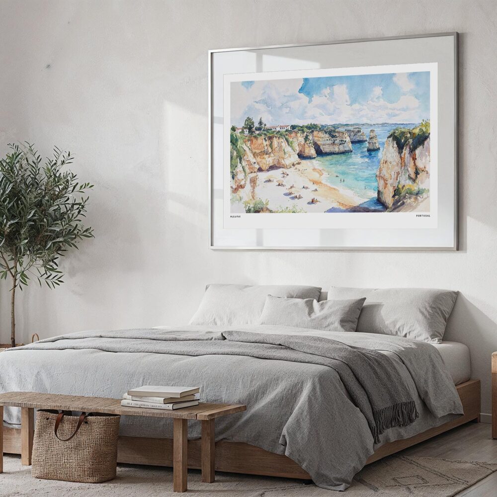 04 - Large Portugal Algarve Watercolor - Horizontal Art Print in Bedroom with Silver Metal Frame.jpg 04 - Large Portugal Algarve Watercolor - Horizontal Art Print in Bedroom with Silver Metal Frame.jpg